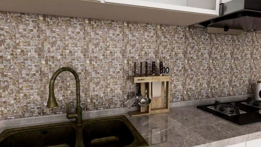 Kitchen with counters, sink, faucet, and pearlescent backsplash