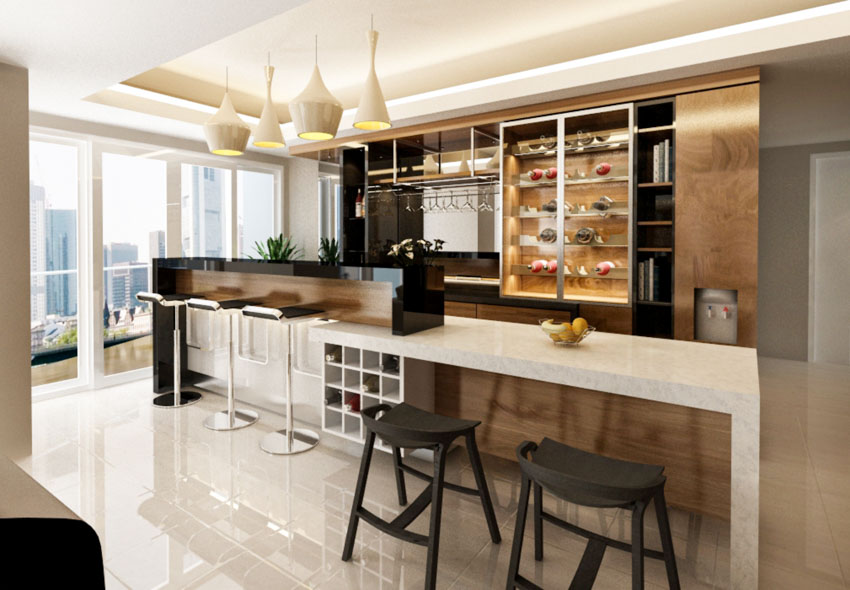 Kitchen with quartz bar counter, stools, cabinets, backsplash, polished floors, and windows