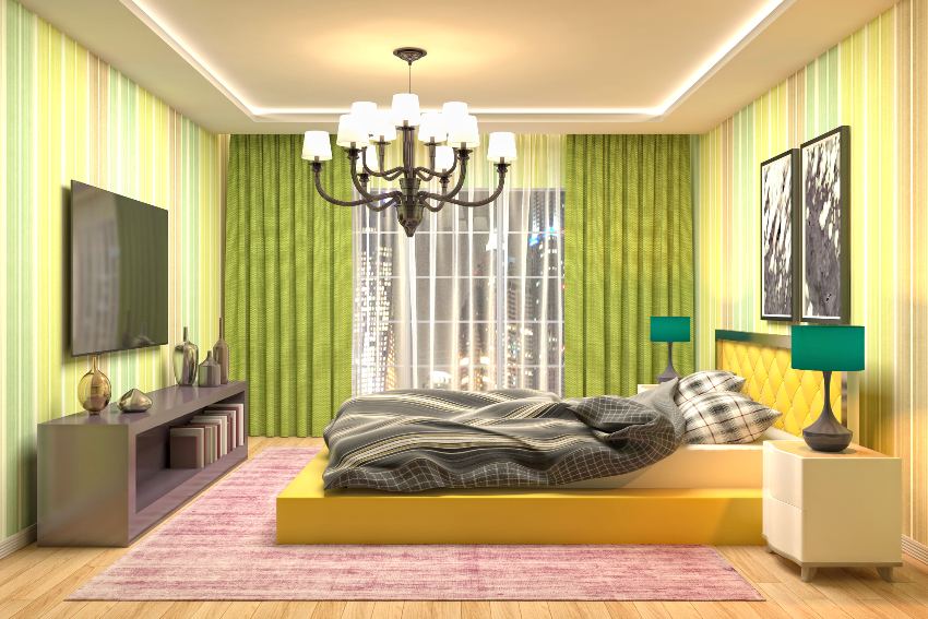 Lime green bedroom interior with watermelon fresh color accents, bed, chandelier, and wall mounter tv