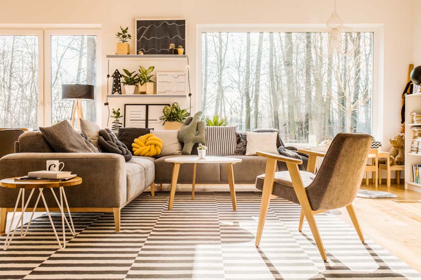 Room with gray complementary pairing of furniture, windows, shelves, and rugs