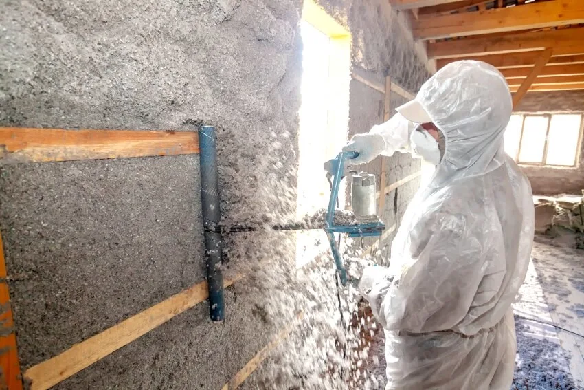 Man applying loose fill insulation on roof 