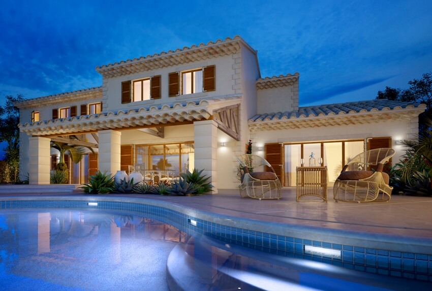 Mediterranean villa with cream white colored paint exterior, brown shutters on windows and swimming pool 