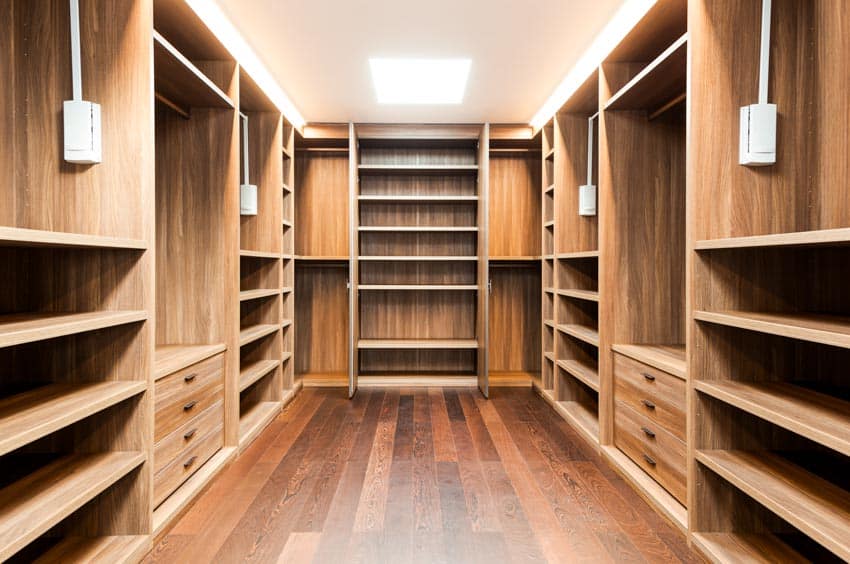 Melamine wood closets with ceiling, light shelves, and drawers