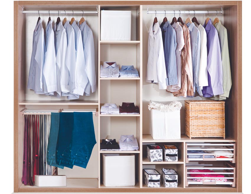 Men's closet with different accessories, hangers, shelves, and clothes