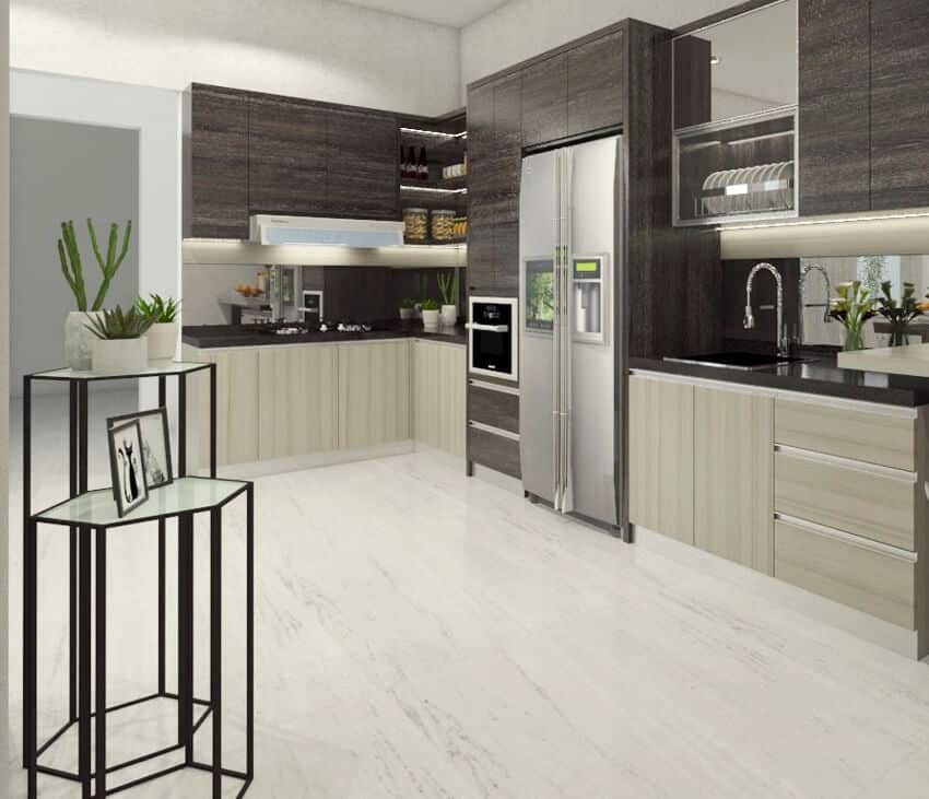 Modern kitchen design with beautifully finished cabinets using dark and light wooden grain and quartz flooring