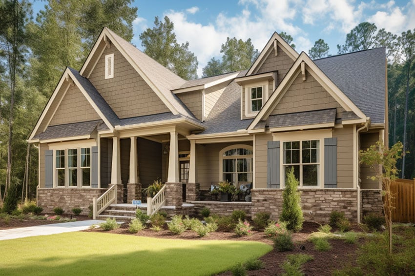 Tan house with front porch, blue window shutters, stone accent wall, door, and hedge plants