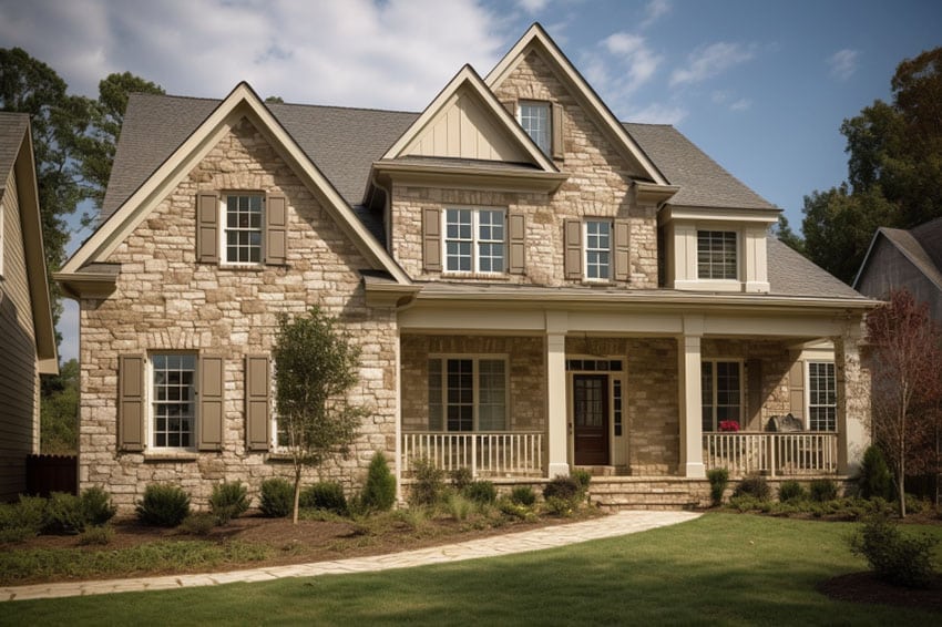 New construction house with tan color and brown shutters, front porch, stone wall