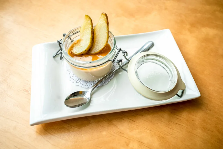 Rectangular plate with dessert and dessert spoon