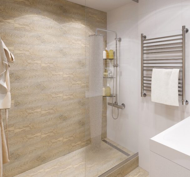 Laminate Shower Walls Pros And Cons   Shower With Laminate Tile Walls And Glass Division Ss 608x567 