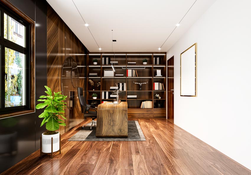 Spacious home office with bookcase, table, chair, Tigerwood flooring, indoor plant, and windows