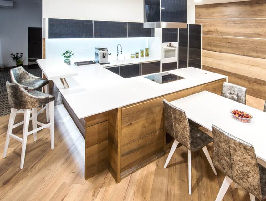 Kitchen with hardwood walls and floors and attached dining set