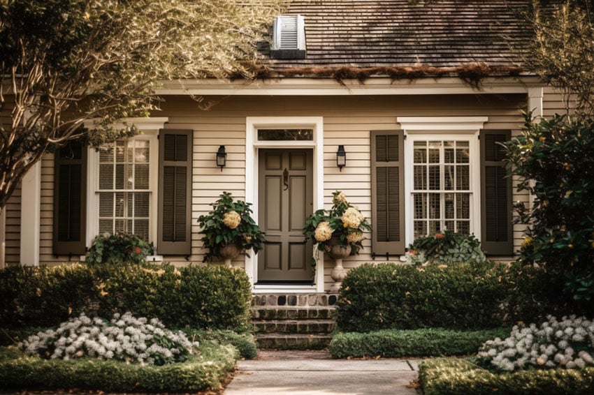 Tan color house with black shutters and door