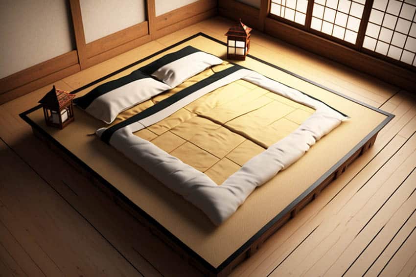 Tatami mat bed in traditional japanese room