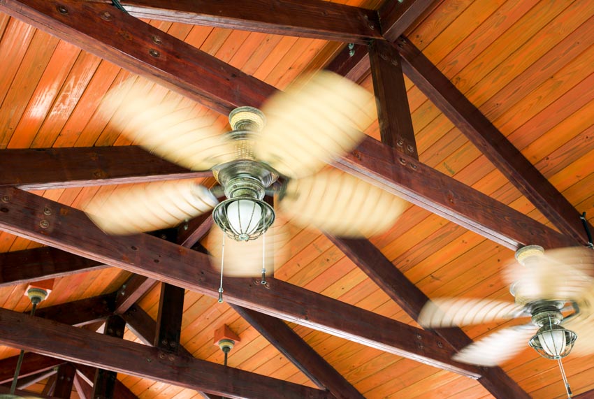 Wood vaulted ceiling with two fans and exposed beams