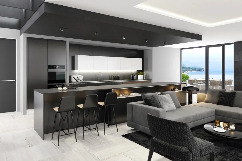 Apartment with modern minimalist kitchen with big island and bar stools