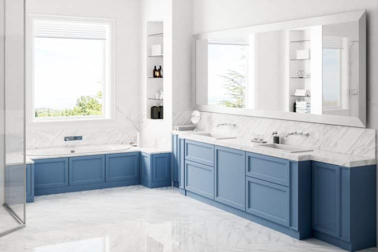 Bathroom With Carrara Marble Backsplash For Vanity Countertop Mirror Sink Blue Cabinets And Window Is 758x506 