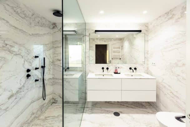 Carrara Marble Bathroom Designs Designing Idea   Bathroom With Carrara Marble Walls Glass Divider Showerhead Floating Vanity Mirror And Sink Is 608x406 