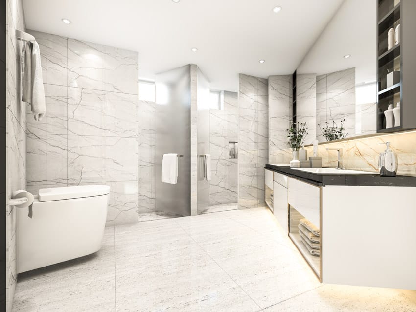 Bathroom with Carrara marble walls, toilet, vanity area, countertop, and shelves