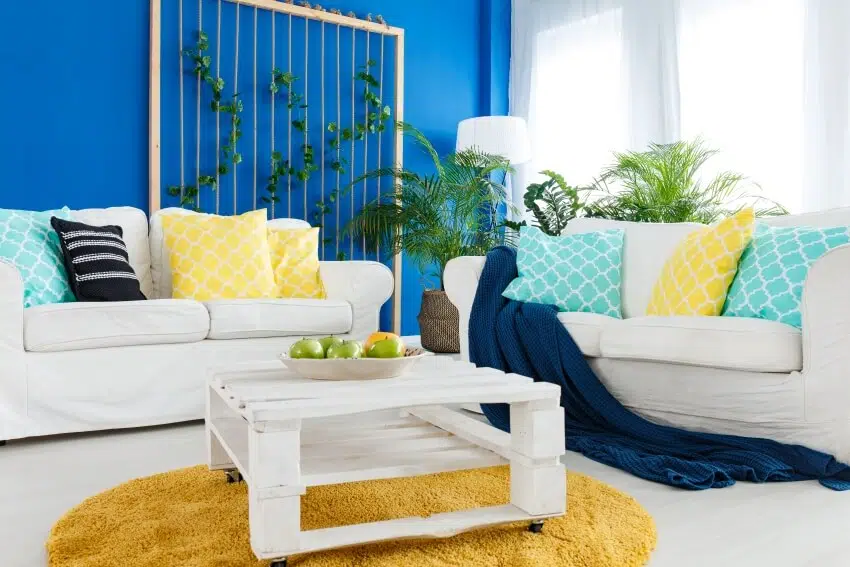Room with comfortable sofa with pillows and blue paint wall 