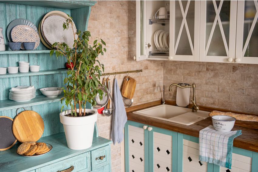 Beautiful kitchen interior with wooden counter and dresser with potted plant and other crockery on the side