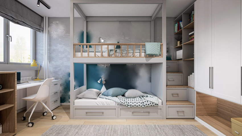 Bedroom with dorm bunk style bed, table and white chair