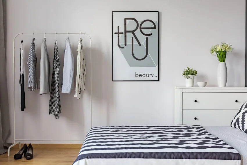 Back and white bedroom with garment clothing racks and pattern bedding