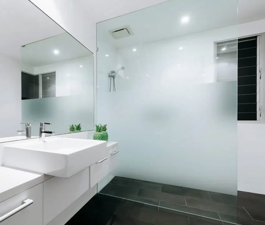 Clean bathroom with white walls and half frosted door