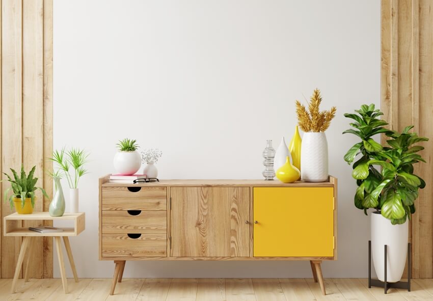 A console cabinet in modern empty room with white walls, plants and wooden accents