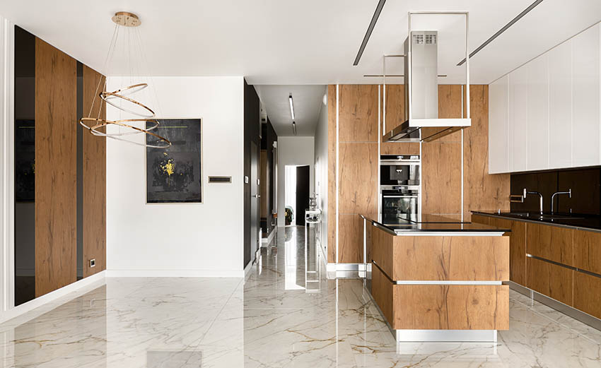 Contemporary kitchen with light granite flooring