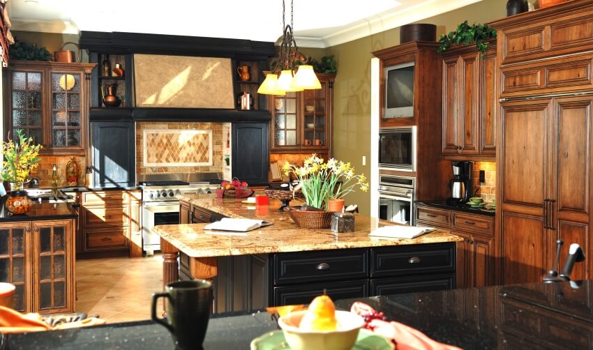 Country rustic style kitchen with island and chocolate bordeaux granite countertops