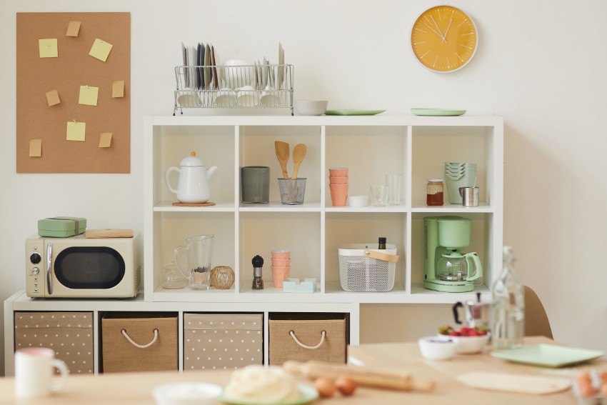 Cute trendy kitchen with cubbies shelves and boxes
