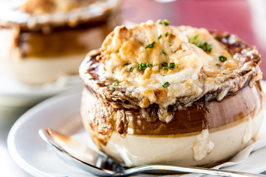 Bowl with French onion soup in it