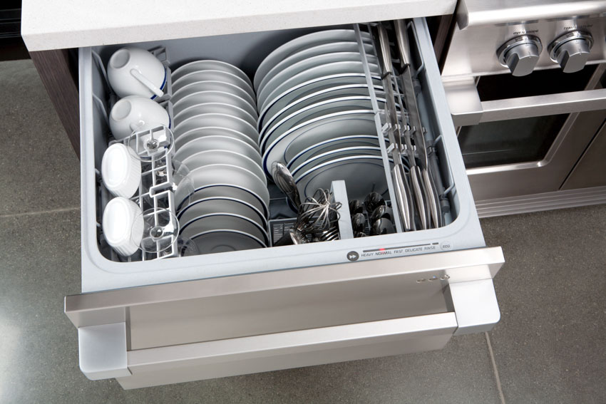 Drawer dishwasher with plates and cups inside it