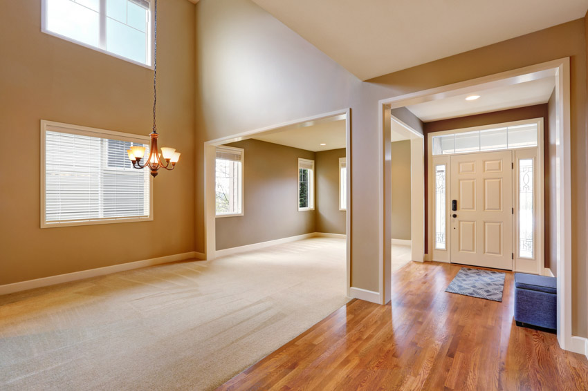 Empty house interior with wood flooring, front door, high ceiling, windows, and taupe walls