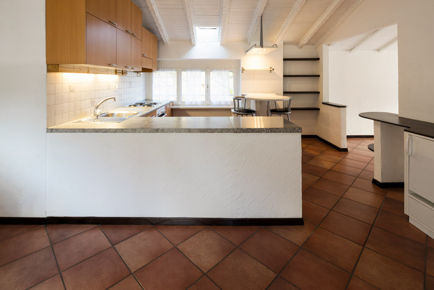 Kitchen with white counters and marble tops