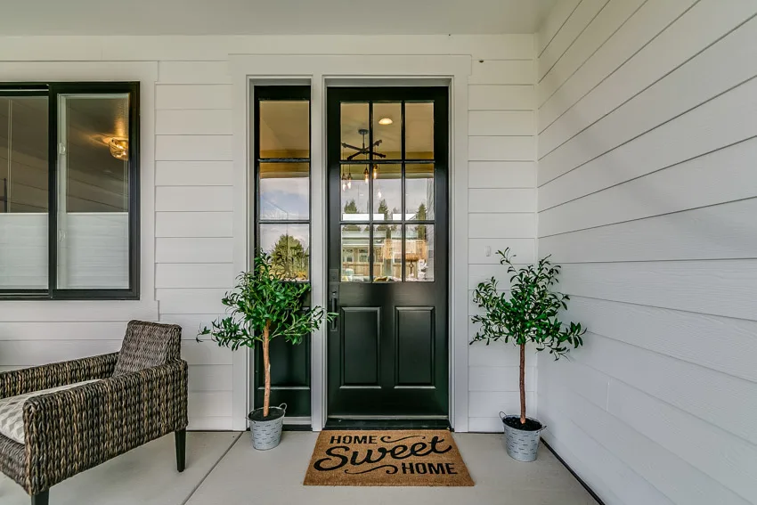 Porch area with windows, white siding, potted plants, black glass door, and white painted trim