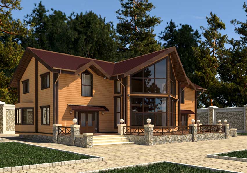 House exterior with modern fence lights, windows, door, walkway, and pitched roof