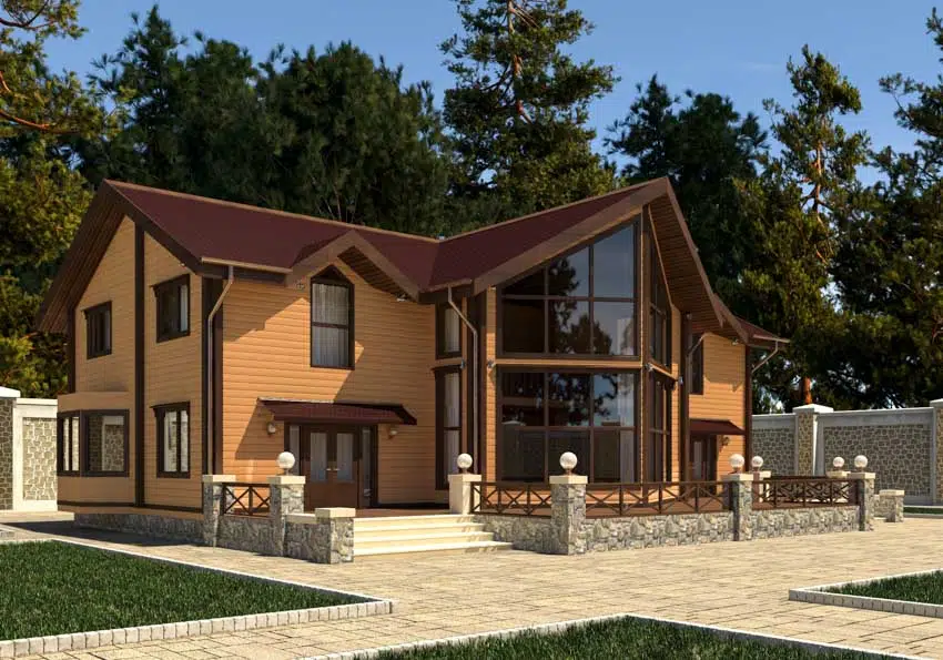 House exterior with modern lights, windows, door, walkway, and pitched roof