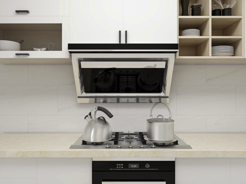 Kitchen with peel and stick backsplash, stove, cabinets, and open shelving