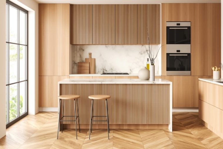 Birch Kitchen Cabinets Types Wood Grain Finishes Designing Idea   Light Kitchen Interior With Bar Countertop And Seats Birch Cabinets And Panoramic Window Is 758x506 