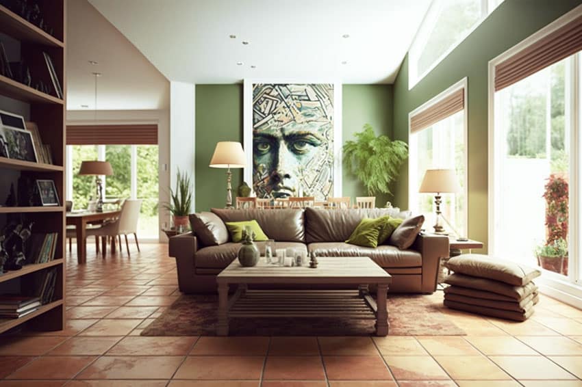 Living room terra cotta tile large wall mural green wall paint