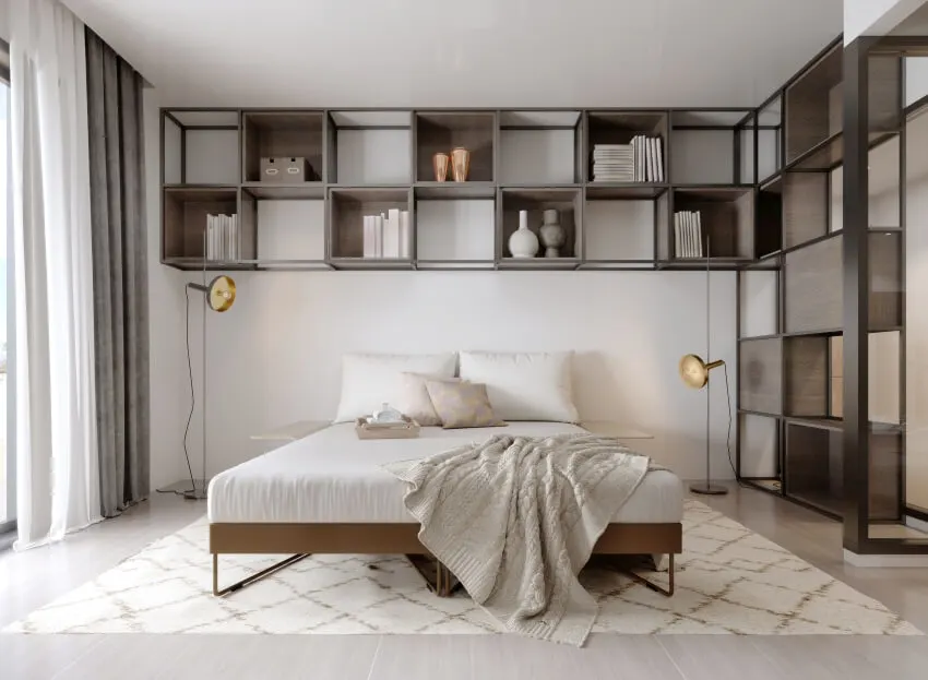 Industrial bedroom with metal square shelves with décor over the bed