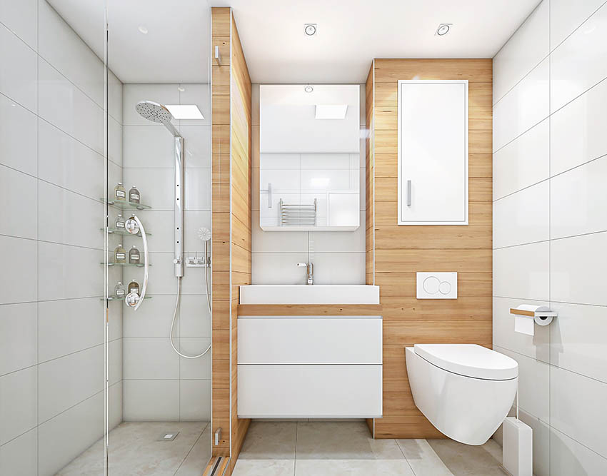 Modern bathroom with dual flush toilet wood veneer walls