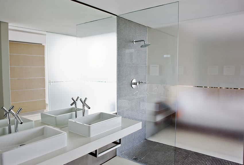 Bathroom with half frosted glass shower