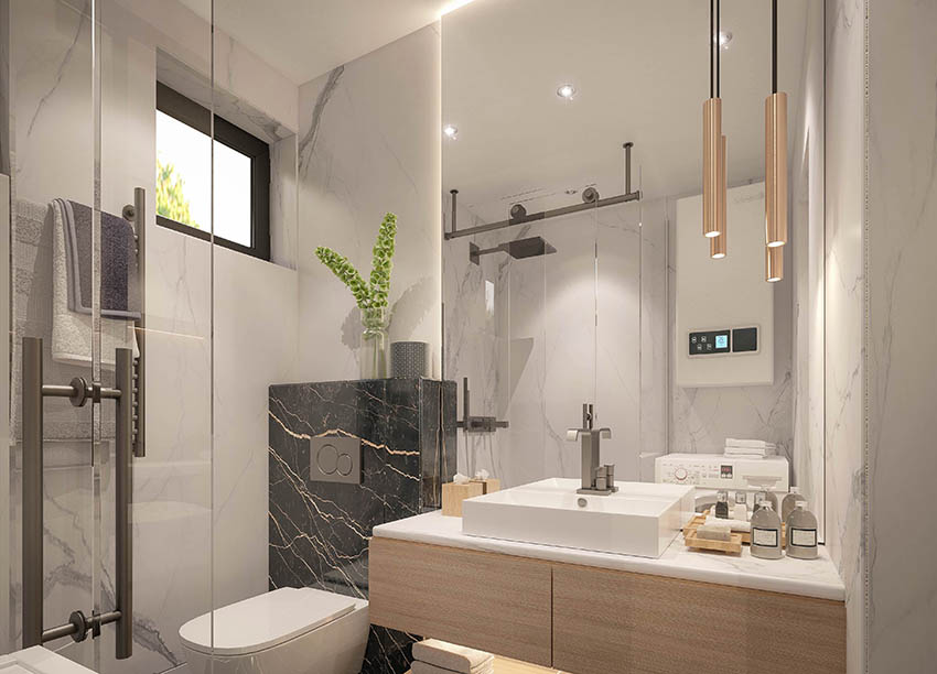 Modern bathroom with luxury marble dual flush toilet