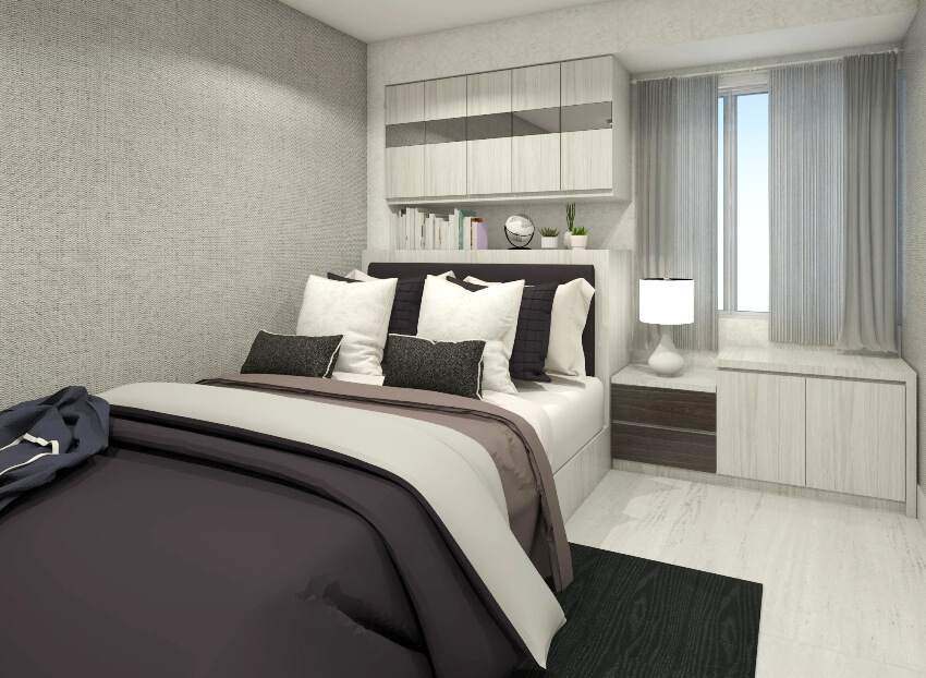 Modern bed room design with storage headboard and desk