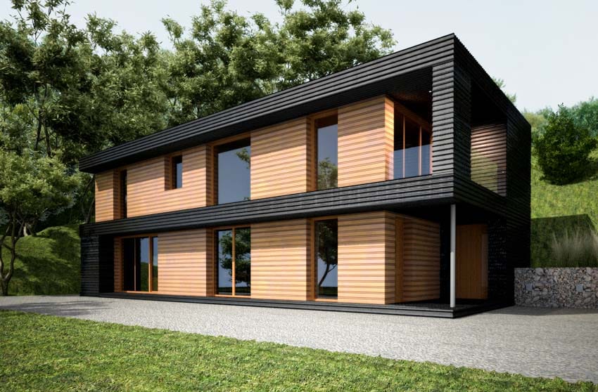 Modern brown and black house with glass windows and paved driveway