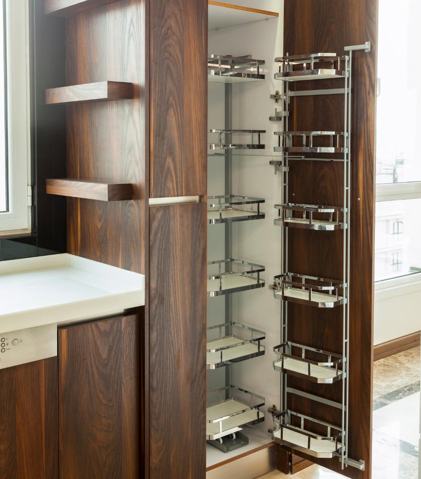 Modern kitchen features opened storage lockers with accessories inside