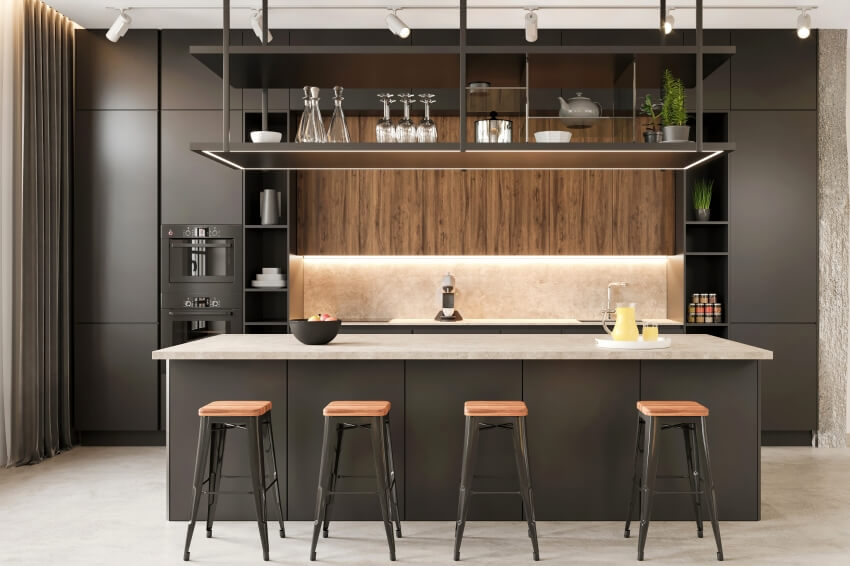 Modern kitchen with ceiling height cabinets, track lighting, and stylish shelves over island