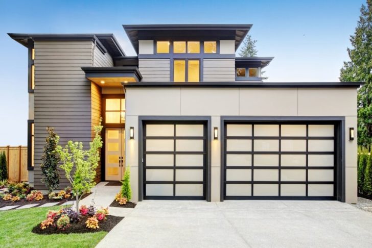 Modern Style Home Boasts Two Car Garage Spaces With Frosted Glass Panels Doors And Scone Lightings Is 728x486 